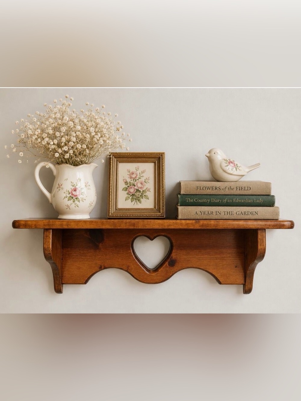 Vintage Wooden Heart Cut Out Wall Shelf Cottage Country Farmhouse Primitive